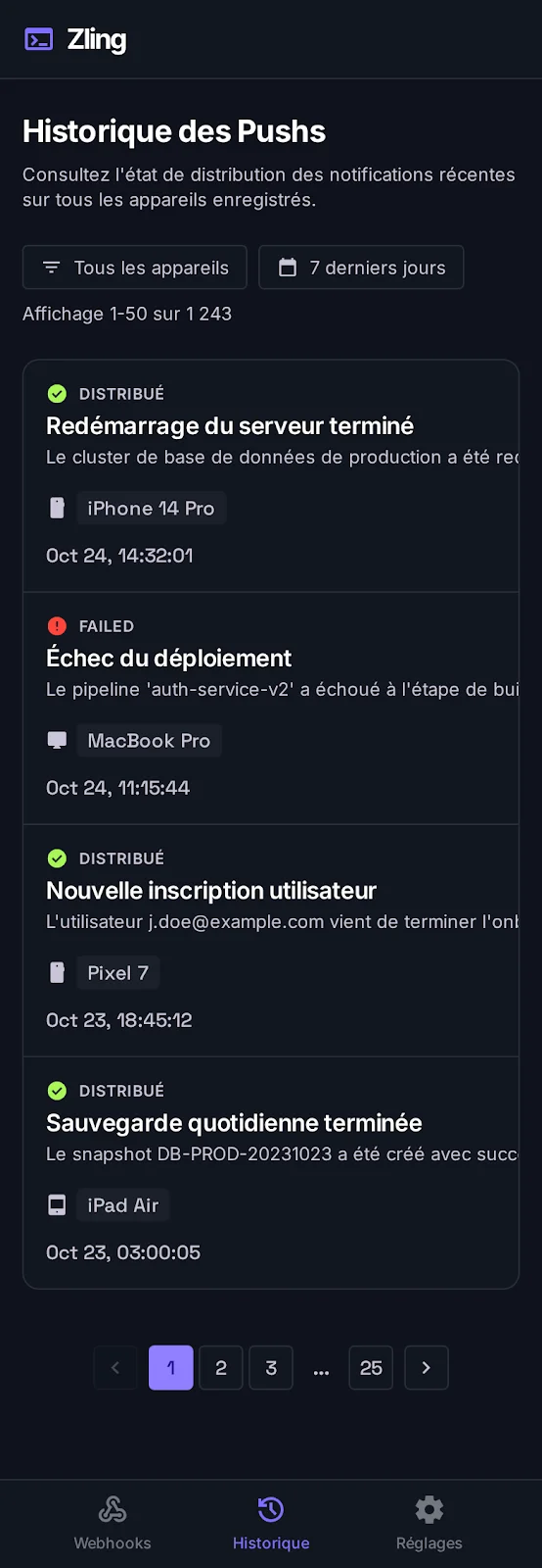 Historique Zling : liste des dernières notifications reçues avec leur statut