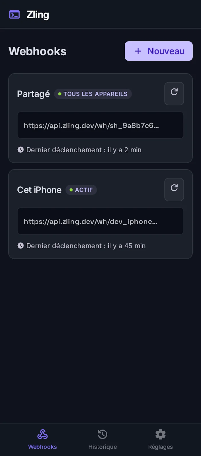Interface Webhooks Zling : gérez vos URL de webhook et visualisez les derniers envois
